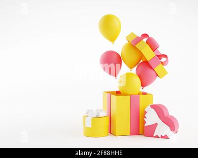Gift boxes and balloons - 3d illustration of open birthday present packages with ribbons and flying balloons Stock Photo
