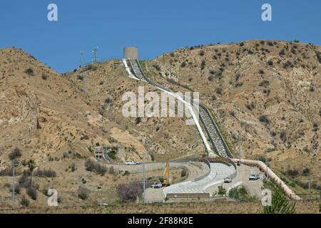 The Second Los Angeles Aqueduct water system, located north of the city in Sylmar, is shown during the day. Stock Photo