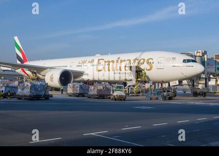 DUBAI, UAE - FEBRUARY 02, 2020:  Boeing 777-300 (A6-ECS) of Emirates Airlines loading on the Dubai International Airport