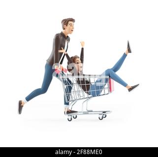 3d cartoon man pushing woman inside shopping cart, illustration isolated on white background Stock Photo