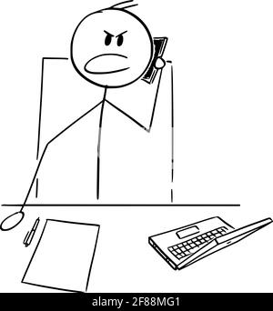Angry Manager or Office Worker Using Mobile Phone, Vector Cartoon Stick Figure Illustration Stock Vector