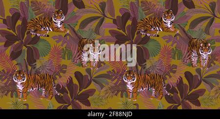 Colored seamless pattern with tigers and tropical leaves. Wild animals in the jungle. Tropical vintage background. Hand drawing. Stock Photo