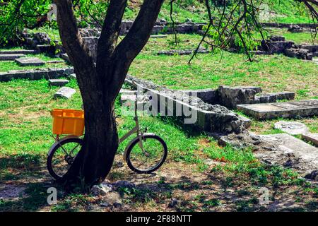 Bicycle in the shade under the trees Stock Photo