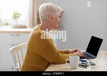 Side view of elderly lady using laptop with blank screen Stock Photo
