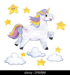 watercolor unicorns with clouds, stars, rainbow Stock Photo