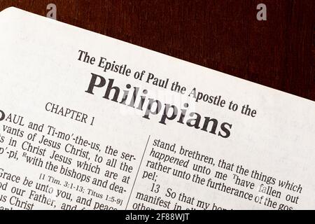 This is the King James Bible translated in 1611.  There is no copyright.  Title Page for the Letter to the Philippians Stock Photo