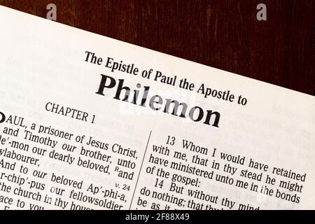 This is the King James Bible translated in 1611.  There is no copyright.  Title Page To Philemon Stock Photo