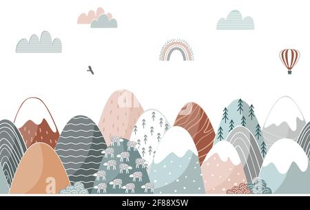 Seamless pattern with doodle mountains in Scandinavian style. Decorative landscape border background. Cute hand drawn ornament Stock Vector