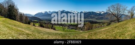 Panorama view over Walgau, valley of Ill with mountain range from Rhätikon, Brand and Nenzing. early springtime in Röns, great valley of Walser. Stock Photo