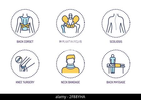 Orthopedics line color icons set. Rehabilitation after injuries. Isolated vector element Stock Vector