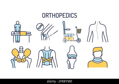 Orthopedics line color icons set. Rehabilitation after injuries. Isolated vector element. Stock Vector