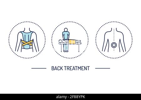 Back treatment line color icons set. Rehabilitation after injuries. Isolated vector element. Stock Vector
