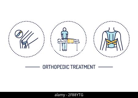 Orthopedic treatment line color icons set. Rehabilitation after injuries. Isolated vector element. Stock Vector