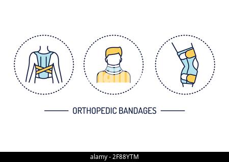 Orthopedic diseases line color icons set. Rehabilitation after injuries. Isolated vector element. Stock Vector