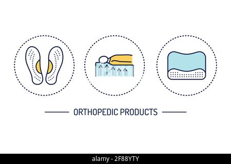 Orthopedic products line color icons set. Rehabilitation after injuries. Isolated vector element. Stock Vector