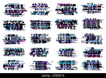 Glitch effect vector icons, abstract glitched distortion with colored stripes and random pixels. Television screen distorted glitch video, VHS camera Stock Vector