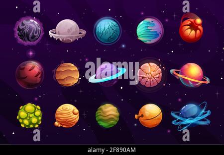 Fantasy alien planets for ui space game. Vector cartoon icons set of ...