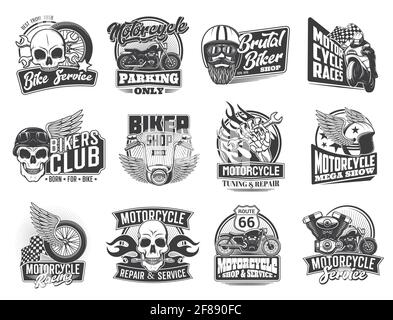 Motorcycle races and biker garage icons, skull and moto wheel on wings vector symbols. Motorcycle racing and chopper bikes show, mechanic repair and t Stock Vector