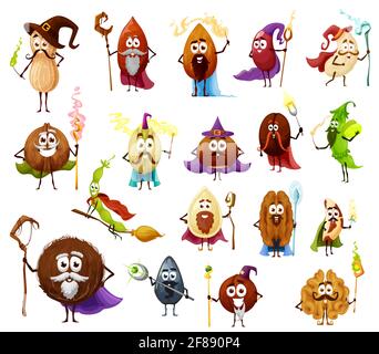 Nut, seed and bean magician and wizards cartoon vector characters cute witch and fairy. Almond, peanut, walnut and pistachio, cashew, hazelnut and coc Stock Vector