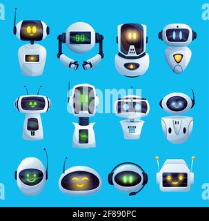Cartoon chat bot and robots vector icons, artificial intelligence cyborg characters. Cute droids or chat bots futuristic robots heads with digital fac Stock Vector