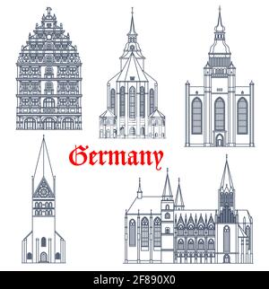 Germany landmark buildings and cathedrals icons, vector German travel ...