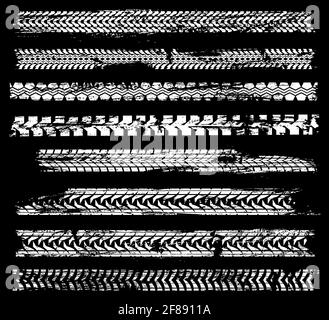 Tire tracks, car traces and motorcycle wheels prints on road, vector pattern marks. Bike or truck tire tracks white on black mud, tyre tread trails, c Stock Vector