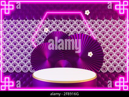 China fantasy Pink podium light neon blue show cosmetic product .3D rendering Stock Photo