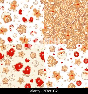 Christmas gingerbread seamless patterns set. Winter characters in cartoon style. Awesome holiday design background. New year in scandinavian style. Stock Vector