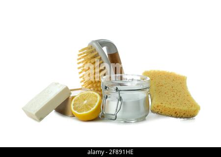 Group of cleaning tools isolated on white background Stock Photo