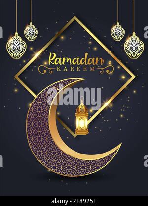 ramadan kareem greetings. black and gold background. vector illustration design Stock Photo