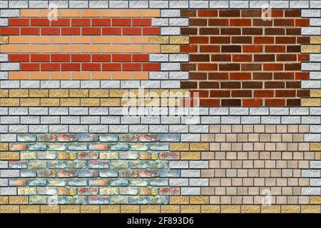 Combined pattern of bricks of different colors and shapes, for use as a seamless abstract background. Stock Photo