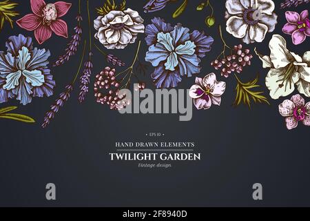 Floral design on dark background with anemone, lavender, rosemary everlasting, phalaenopsis, lily, iris Stock Vector