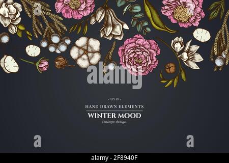 Floral design on dark background with ficus, eucalyptus, peony, cotton, freesia, brunia Stock Vector