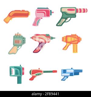 Blaster gun set in cartoon style on white background. Weapon collection. Stock Vector