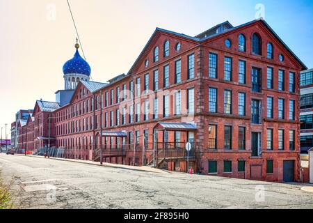 Colt Firearms Factory, on Van Dyke Avenue, with its distinctive gold star-spangled blue onion dome. Stock Photo