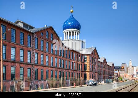 Colt Firearms Factory, on Van Dyke Avenue, with its distinctive gold star-spangled blue onion dome. Stock Photo