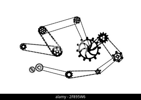 A lot of black different silhouettes of cogwheels connected by bicycle chains, ancient steampunk mechanism isolated on white Stock Vector