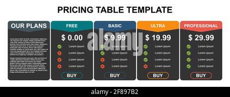 Pricing table, plan  list, or comparison template vector. Business presentation, infographic, website element, hosting plan . Stock Vector