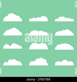 Set of diffenrent cloud icons in flat design isolated on green background. Cloud symbol for your web etc . Stock Vector
