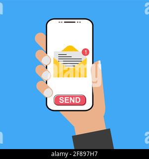 Modern design style hand holding the smartphone with e-mail screen - send it!  . Stock Vector