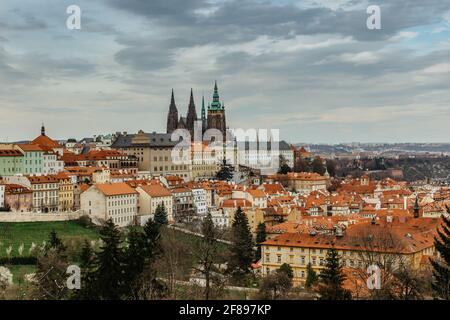 Scenic panorama of Prague Castle,Saint Vitus cathedral and Lesser Town.Capital of Czech republic.Amazing European cityscape.Famous tourist destination Stock Photo
