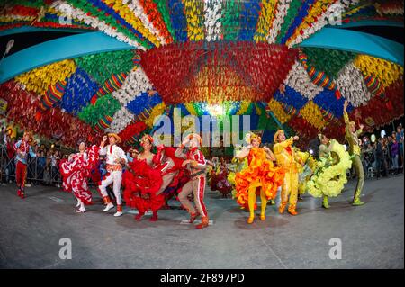 Square dance performing at the feast of Saint John, during the June celebration at Parque do Povo, Campina Grande, Paraiba, Brazil on June 26, 2012. Stock Photo