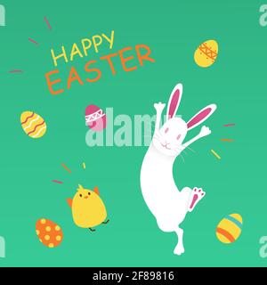 Cartoon Easter bunny jumping with egg. Vector clip art illustration. All in a single layer. Easter bunny and Easter eggs on green grass Stock Vector