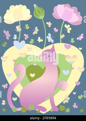 Cute cat with flowers and hearts. Good mood and Positive. Stock Vector