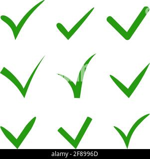 Set of hand-drawn vector tick check in green color. Variety of ticks in different styles and shapes. Design illustration for various props. Stock Vector