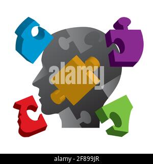 Young Man, head with puzzle, mental health concept. Stylized male  head silhouette with flying  3d pieces of puzzle, symbolizing logical solution. Stock Vector