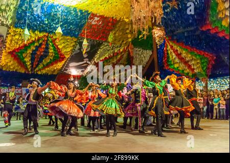 Square dance performing at the feast of Saint John, during the June celebration at Parque do Povo, Campina Grande, Paraiba, Brazil on June 25, 2011. Stock Photo