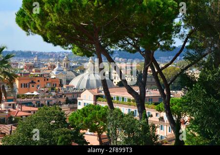 Landscape with panoramic city view as seen from the Pincio terrace viewpoint of Villa Borghese in Rome, Italy. Stock Photo