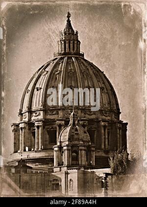 Vintage textured dome view of the Renaissance style Saint Peter's Basilica in Vatican City Rome, Italy. Stock Photo