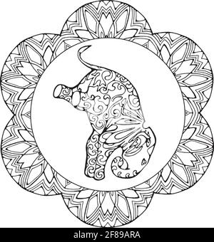 Elephant in a yoga pose ornamental in spirals stands on his head. Ornament flower mandala.  Stock Vector